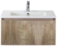 BES LED Frozen 3D Badmeubelset 80 cm - Greeplijst in Kleur - Grain Oak - Keramische Wastafel Wit 1 Kraangat
