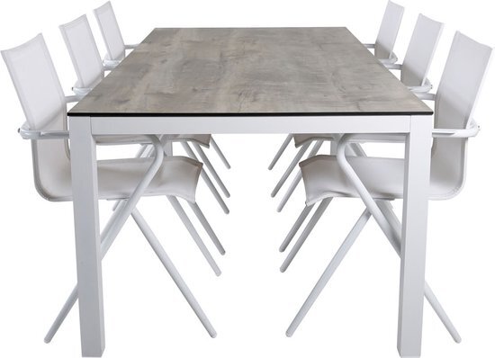 Hioshop Llama tuinmeubelset tafel 100x205cm en 6 stoel Alina wit, grijs, crèmekleur.