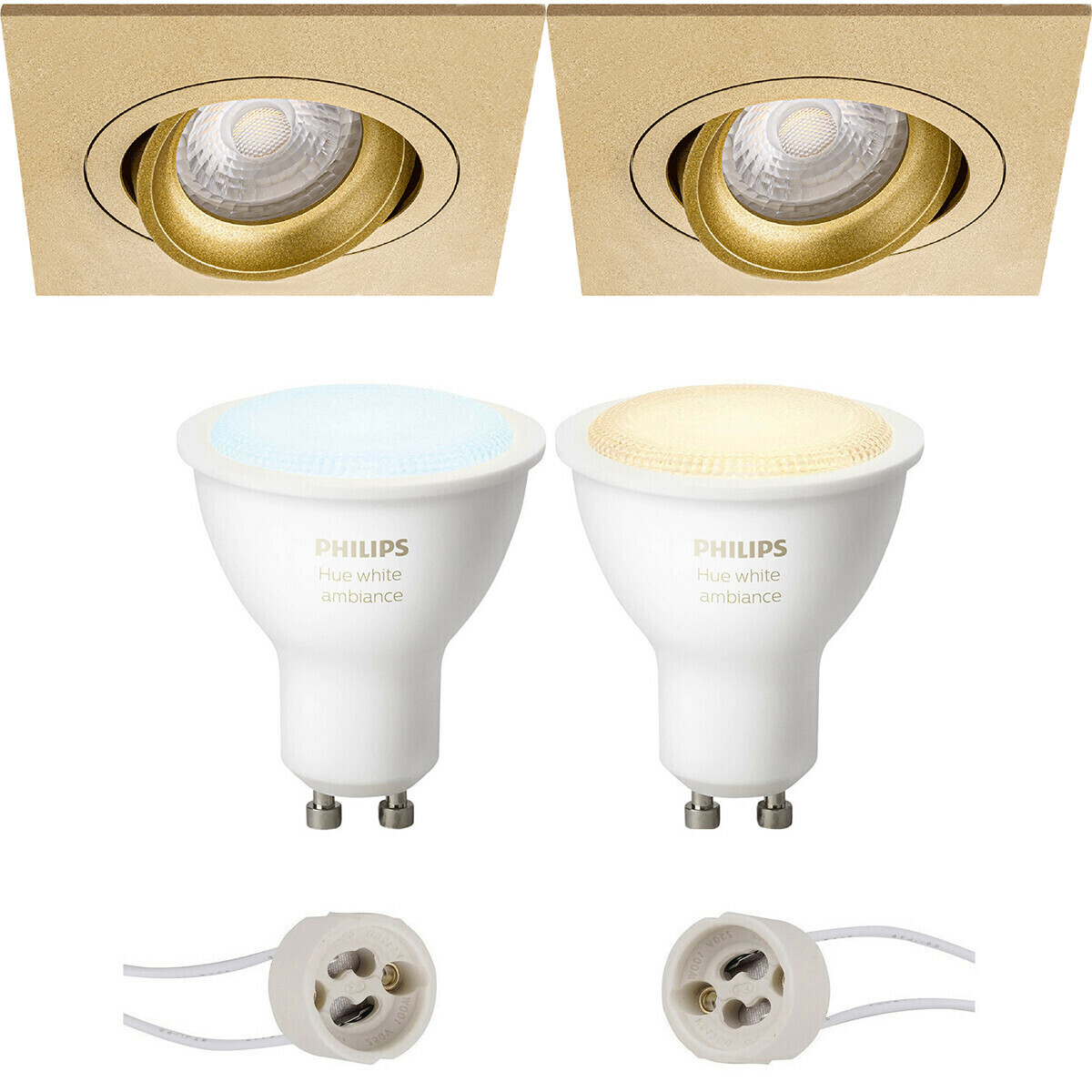 BES LED Pragmi Borny Pro - Inbouw Vierkant - Mat Goud - Kantelbaar - 92mm - Philips Hue - LED Spot Set GU10 - White Ambiance - Bluetooth