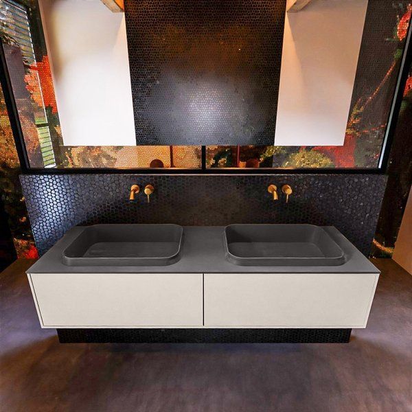 Mondiaz ERIN 150cm badmeubelset onderkast Linen met 2 lades + Wastafel RIDGE dubbel Dark grey