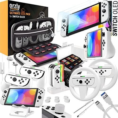 Orzly Accessoires Kit bundel Compatibel met Nintendo Switch OLED Console (NIET 2017 Edition compatibel) Ultimate Geek Pack met Case en Screen Protector en nog veel meer - Ice White Gift Boxed