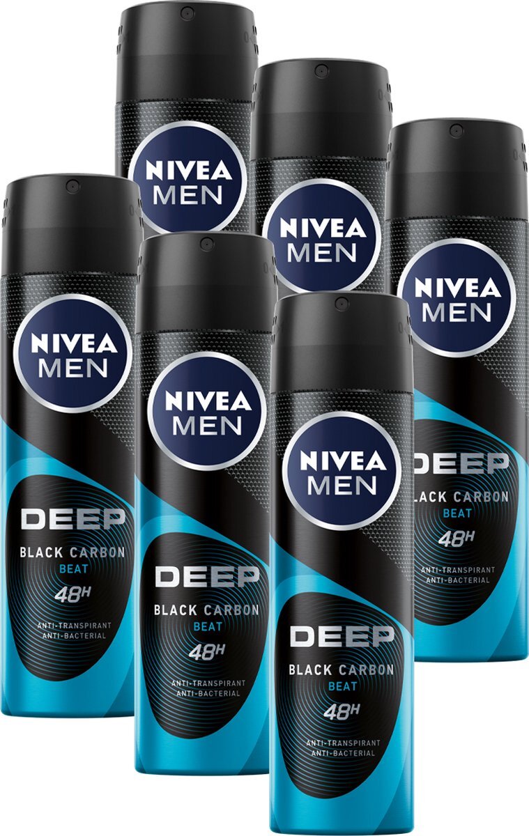 Nivea MEN Deep Black Carbon Beat Deodorant Spray - 6 x 150 ml Voordeelverpakking