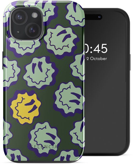 Selencia Hoesje - Geschikt voor Apple iPhone 15 - Backcover geschikt voor MagSafe - Wavy Smiley Green