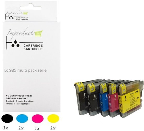 Improducts ImproductsÂ® Huismerk Inktcartridge Alternatief Brother LC-985 / 985 Inktpatronen Compatible Multipack Set 5 pack (2x LC985BK zwart, 1x LC985C cyaan, 1x LC985M magenta, 1x LC985Y geel) 5 stuks