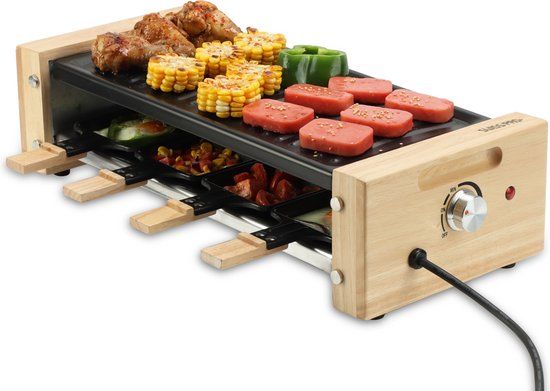 Swiss Pro+ Gourmetstel - Raclette 8 personen - Incl. Gratis Marmeren Bakplaat - Bamboe - 2023 Model