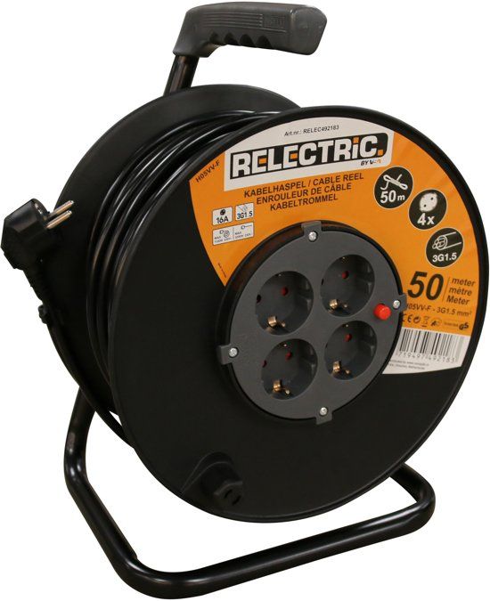 Electric R Kabelhaspel â€“ 50m â€“ 4 stopcontacten â€“ Met oprolknop - Randaarde - RELEC492183