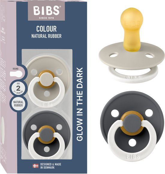BIBS Colour Glow Speen verpakking van 2 stuks. BPA-vrij, Ronde speen. Natuurlijk rubberlatex, Gemaakt in Denemarken, Maat 2 (6-18 maanden), Sand Glow / Iron Glow