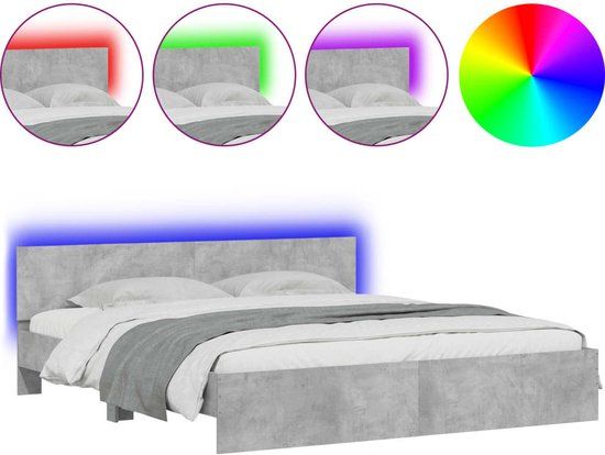 vidaXL Bedframe met hoofdeinde en LED-licht betongrijs 200x200 cm