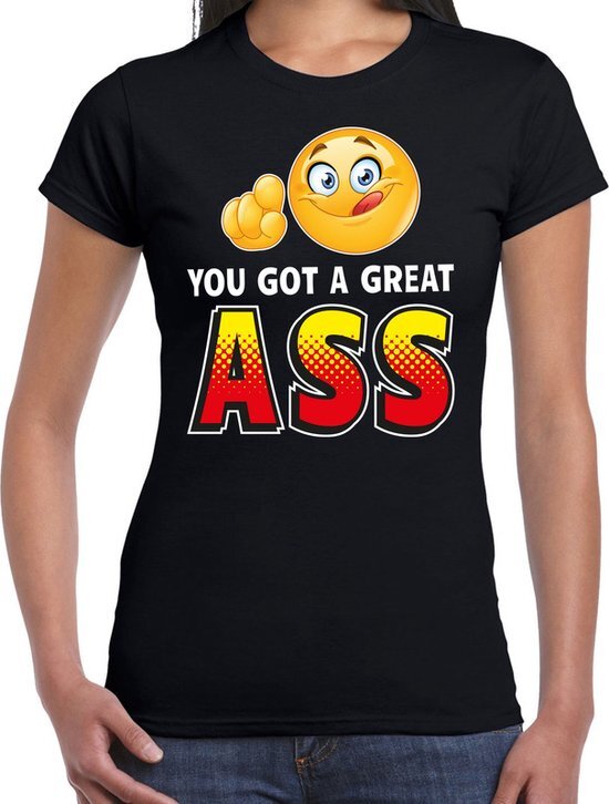 Bellatio Decorations Funny emoticon t-shirt you got a great ass zwart dames S