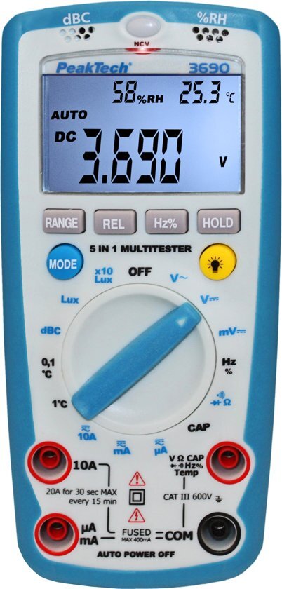 Peaktech 3690: Digitale multimeter ~ 4.000 counts ~ met geluidsniveau, temperatuur, R.H. & lux-meter