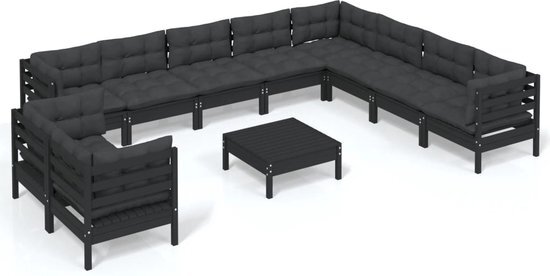 vidaXL 11-delige Loungeset met kussens massief grenenhout zwart