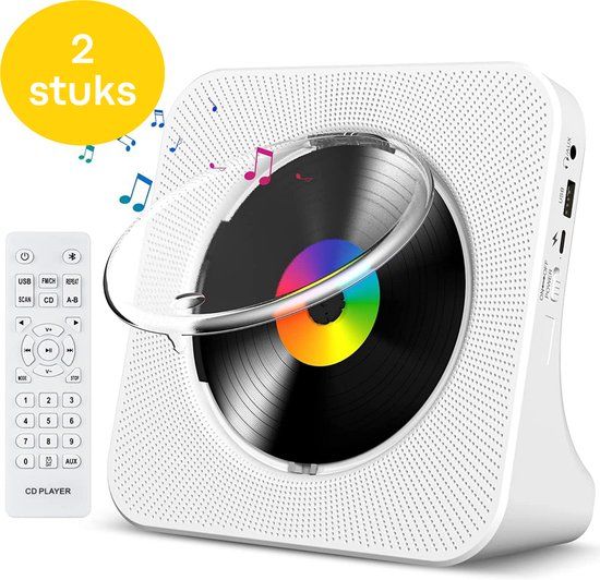 Vizual CD Speler - Compact 3-in-1 met CD, Radio en Bluetooth – 2 stuks - Wit