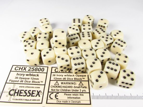 Chessex dobbelstenen set 36 6-zijdig 12 mm ivoorkleurig