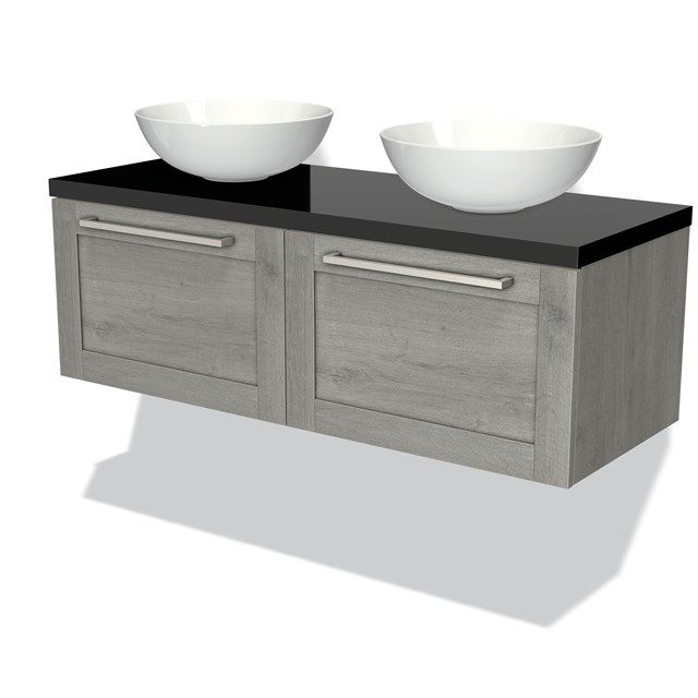 Maxaro Badkamermeubel voor Waskom 120cm Modulo Plato Grijs Eiken 2 Lades Kader Hoogglans Zwart Blad
