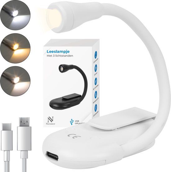 Nuvance - Leeslampje - Leeslamp met Klem - 3 Standen - voor Boek - USB C - Klemlampje - Wit
