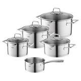 FLORINA LUMIO 9-delige pannenset van hoogwaardig roestvrij staal, potten met deksel en steelpan, maatbeker, ideaal voor inductie, gas- en elektrische fornuizen