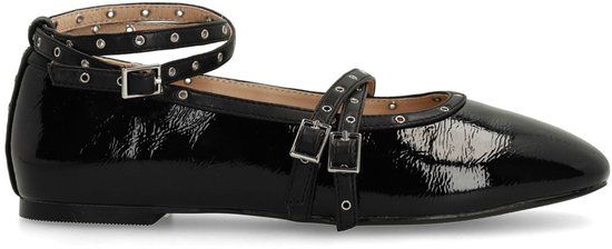 Sacha - Dames - Zwarte lak ballerina's met studs en bandjes - Maat 36