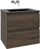 Saniclass Chaci Badkamermeubelset - 60x45x55cm - keramische wastafel mat zwart - 1 wasbak - zonder kraangat - 2 lades - mat noten