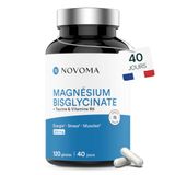 NOVOMA Bisglycinate de magnésium + taurine et vitamine B6, haute teneur 300 mg / jour, 120 capsules, combat la fatigue et le stress, mieux absorbé que le magnésium marin, fabriqué en France (ex Nutrivita)