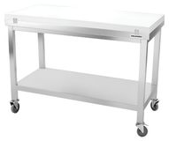 GOLDINOX Werkblad van roestvrij staal, 1600x700 mm, met wit snijblad, op wielen. PREMIUM