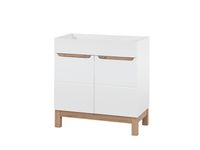 Meuble de salle de bain 80 cm, blanc, brillant, avec placage chêne, 2 portes, pour sous un meuble-lavabo autoportant