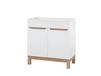 Meuble de salle de bain 80 cm, blanc, brillant, avec placage chêne, 2 portes, pour sous un meuble-lavabo autoportant