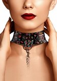 Ouch! Leren Bondage Halsband Collar met Ketting Old School Tattoo Style - Zwart