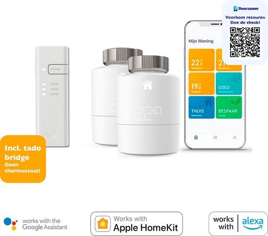 tado° Slimme Radiatorknop Starterskit V3+, Inhoud 2x Slimme Radiatorknop – Intelligente verwarmingsaansturing, doe-het-zelf installatie, werkt met Amazon Alexa, Apple Homekit, Google Assistant,Wit