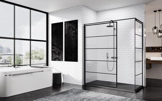 Novellini Kuadra inloopdouche 80 cm - Stripes Motief/Zwart Mat - Vaste wand
