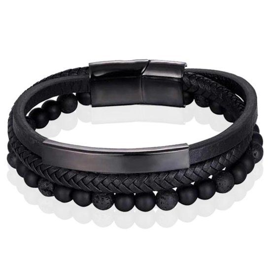 Memphis Heren armband Memphis Agaat kraal gevlochten leer Zwart - 19cm