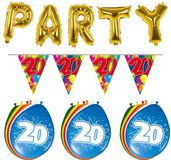 Folat Verjaardag feestversiering 20 jaar PARTY letters en 16x ballonnen met 2x plastic vlaggetjes