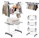 Sèche-linge pliable - Étendoir à linge avec roues - 3 supports de chaussettes - 2 ailes latérales pivotantes - Rotatif à 360° - Acier au carbone - Gris et blanc