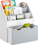 SoBuy Kinderboekenkast met 3 Opbergvakken en Uitneembare Speelgoedkist, Kinderplank, Wit/Grijs, 63x70x30 cm - KMB17-HG