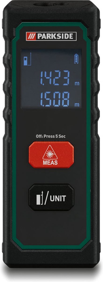 parkside Laserafstandsmeter 20 m - Nauwkeurig meten met lasertechnologie - Meetbereik: 0,075 - 20 m - Meetnauwkeurigheid: ± 2 mm - LCD-scherm met achtergrondverlichting - Optionele meting inclusief of exclusief apparaatlengte