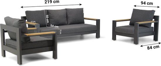Lifestyle Milano 3-delige stoel-bank loungeset - Grijs-antraciet - Aluminium