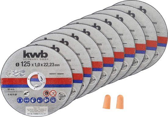 kwb Doorslijpschijven dunne haakse slijper 125 mm voor RVS INOX in opbergdoos inclusief oordopjes AFM. 125 x 1 x 22,23, Ø