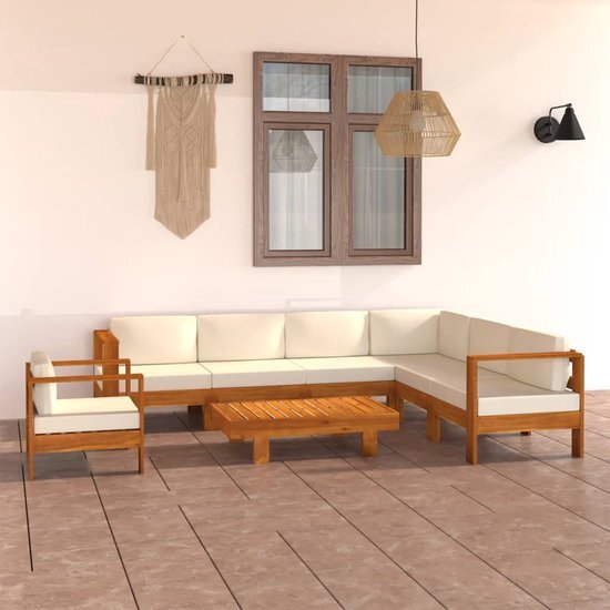 The Living Store Houten loungeset - Tuinmeubelset - Massief acaciahout - Cr&#232;mewit kussen - Afmetingen- 70x65x60 cm (BxDxH) - Inclusief kussens - Montage vereist - The Living Store