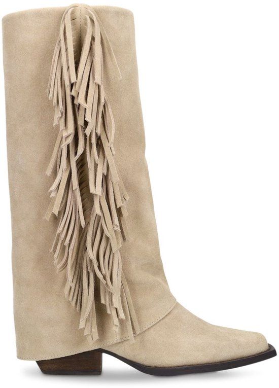 Manfield Dames Beige Suède Laarzen met Franjes - Maat 41