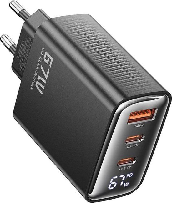 Toocki 67W GaN Snellader - 3 Poorten - USB-C & USB-A - Zwart