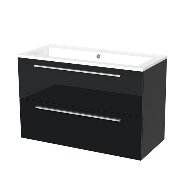 Maxaro Badkamermeubel 100cm Modulo Hoogglans Zwart 2 lades Vlak Wastafel Mineraalmarmer