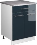 Vicco Onderkast voor spoelbak/kookplaat Fame-Line, Donkerblauw hoogglans/Wit, 60 cm met lade, WB Marmer