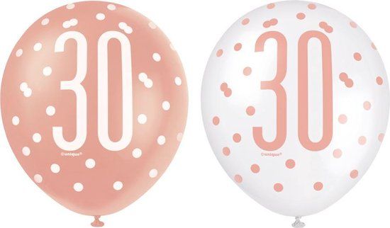 Ballonnen 30 jaar Glitz Rose Goud - 6 stuks