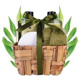 Accentra - Badset cadeauset voor vrouwen olijf in mandjes van zeegras, doucheset cadeau met douchegel, schuimbad, badbom en netspons, 4-delige wellness-set voor dames en meisjes