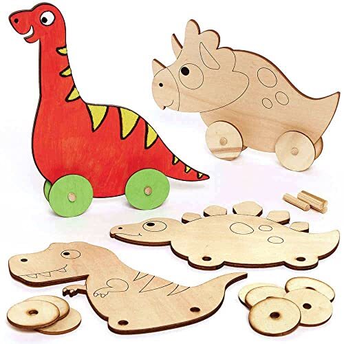 Baker Ross Baker Ross FC830 Dinosaurus Houten Racer Uitrustingen - Set van 4, Kinderen Party Bag knutselen, Racing houten knutselen speelgoed voor kinderen