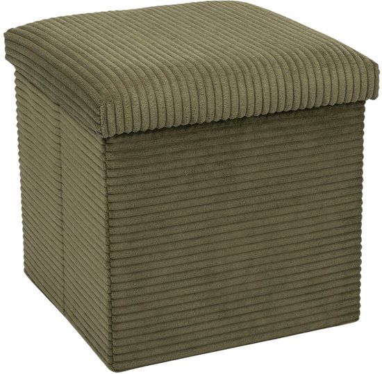 HOME DECO FACTORY Poef/hocker opvouwbaar - rib design - opbergbox - groen - polyester/mdf - 38 x 38 cm