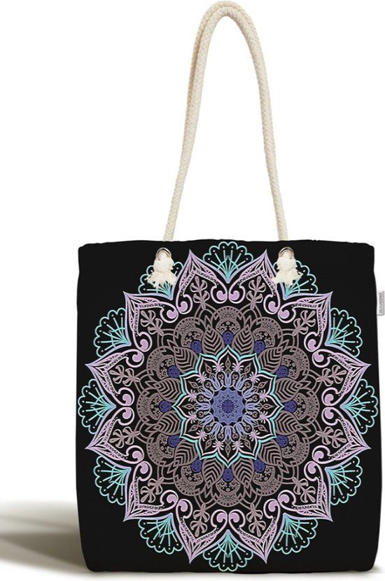 De Groen Home Schoudertas dames met rits - Kleurrijke mandala op zwart - Canvas 45x50 - Strandtas - Shopper tas - Zomer - Unisex