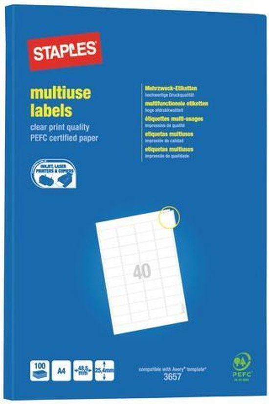 Staples Multifunctionele Etiketten - Rechthoekig - 48.5 x 25.4 mm - Wit
