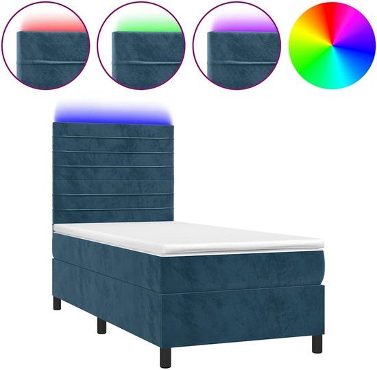 VidaXL Boxspring met Matras en LED Fluweel Donkerblauw 90x200 cm