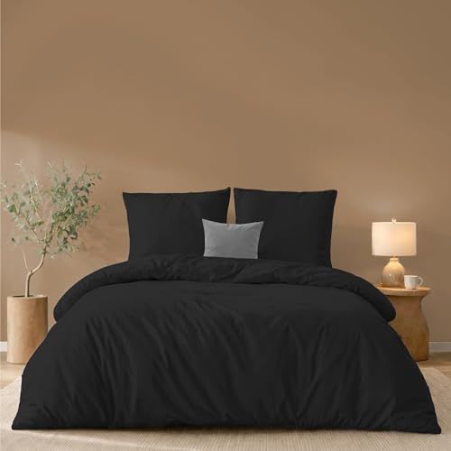 Twinzen Dekbedovertrek 240 x 220 cm met 2 kussenslopen 65 x 65 cm, zwart, beddengoed 220 x 240 cm, microvezel, Oeko-Tex