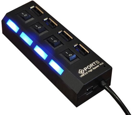 ISOT 4 Poort Multi USB 2.0 Hub Splitter Verdeler Switch - Voor Laptop / Apple Mac / Macbook & Windows - Met LED Verlichting